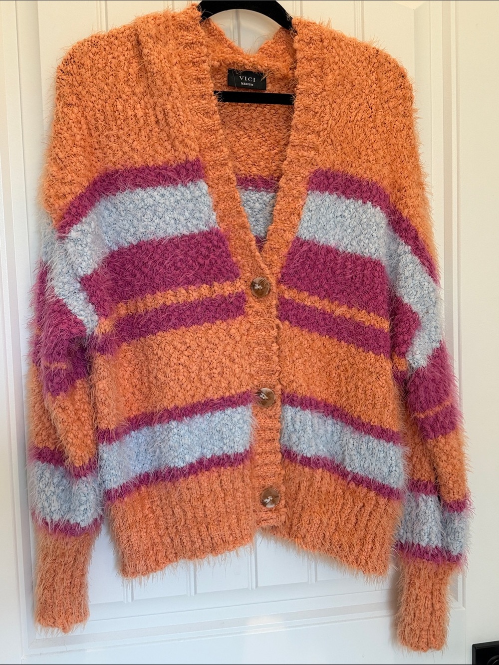 Like new! VICI Orange Fuzzy Button-Up Cardigan with Pink & Light blue Stripes